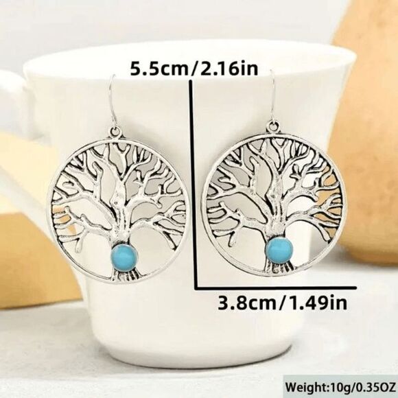 Boho Silver Tree Of Life Inlaid Turquoise Dangle Earrings - Picture 5 of 5